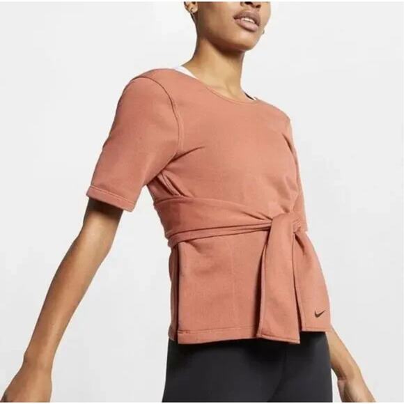 Nike Dri-FIT Rust Brown Wrap Top Women’s Large Short Sleeve Training Shirt Yoga - Picture 1 of 9